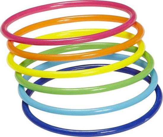 Stapel van zeven gekleurde armbanden: fuchsia, oranje, geel, groen, lichtblauw, blauw.