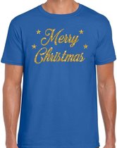 Fout Kerst shirt / t-shirt - Merry Christmas - goud / glitter - blauw - heren - kerstkleding / kerst outfit L (52)