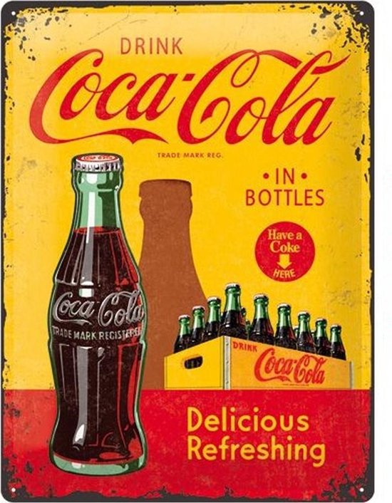 Coca Cola jaune en bouteilles, panneau publicitaire rétro, Billboard America USA. métal