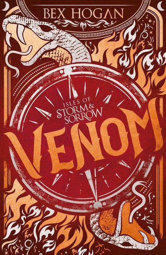 Boekomslag voor 'Venom' van Bex Hogan, met een slang en vlammen op een rood en goud ontwerp.