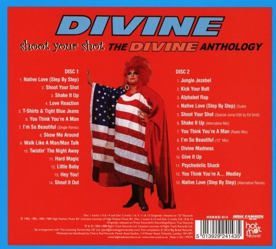 Achterkant van de hoes met Divine in een outfit met Amerikaanse vlag, en tracklist: Native Love, Shoot Your Shot, Shake It Up, etc.