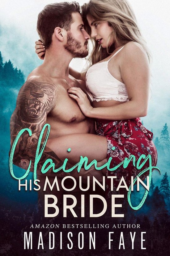 Claiming His Mountain Bride, een romantisch boek met een man met tatoeages en een vrouw in een witte top en rode rok, omhelzend in een bosrijke omgeving.
