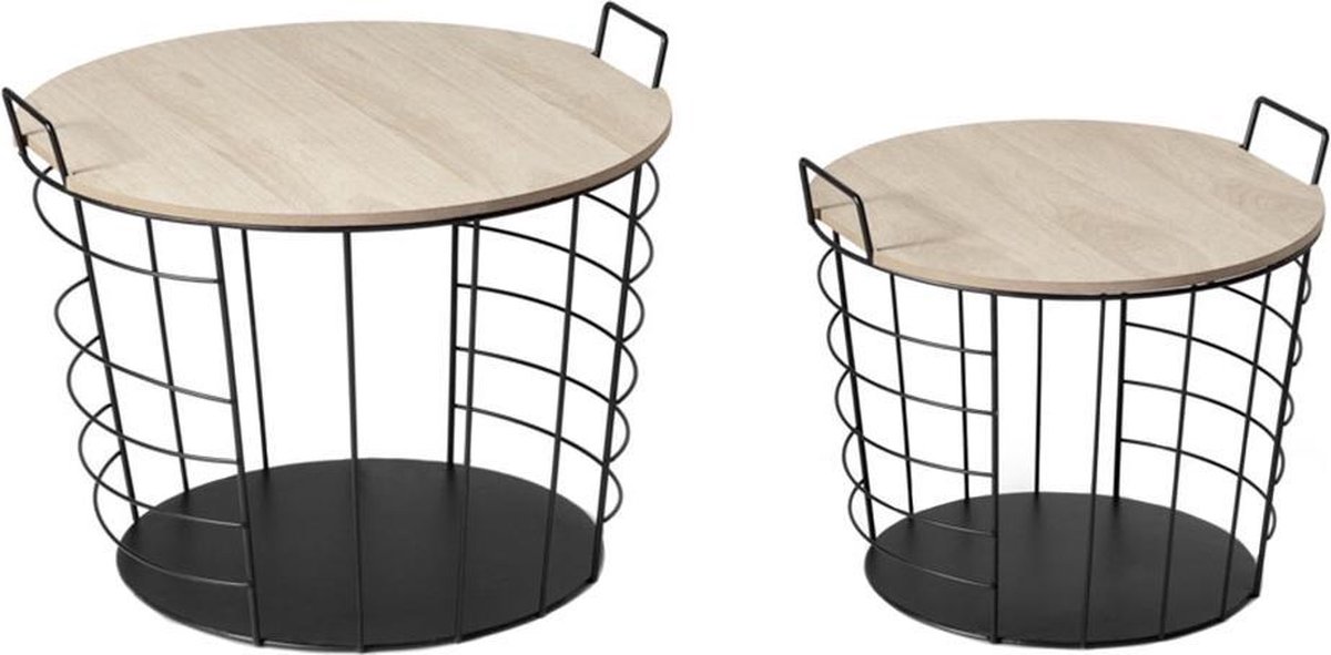vidaXL Bijzettafels set van 2 zwart hout en metaal Industriële Tafel