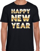 Nieuwjaar Happy New Year tekst t-shirt zwart met goud voor heren S