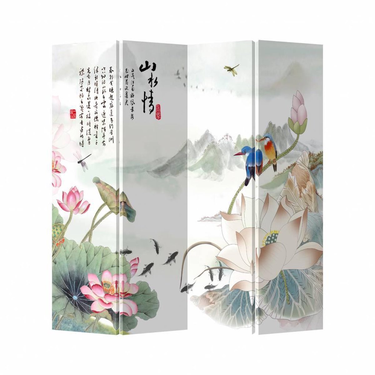 Fine Asianliving Chinees Kamerscherm Oosters Scheidingswand B160xH180cm 4 Panelen Lotus Vogels multi