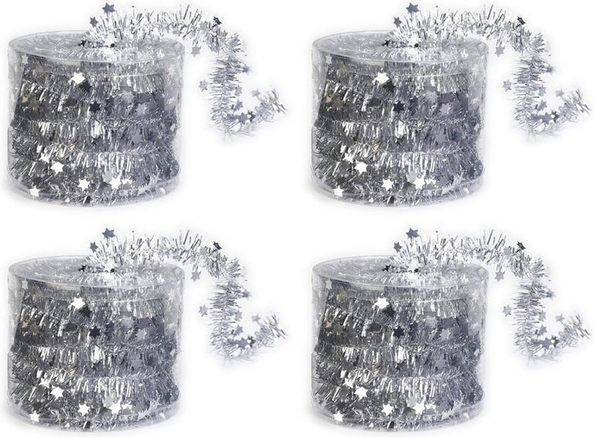 4x Dunne kerstslingers zilver 3,5 x 700 cm - Guirlandes folie lametta - Zilveren kerstboom versieringen