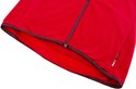 Onderkant van rood fietsshirt met rits en paarse rand.