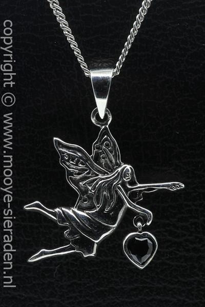 Zilveren Engel met kristal zwart hart ketting hanger