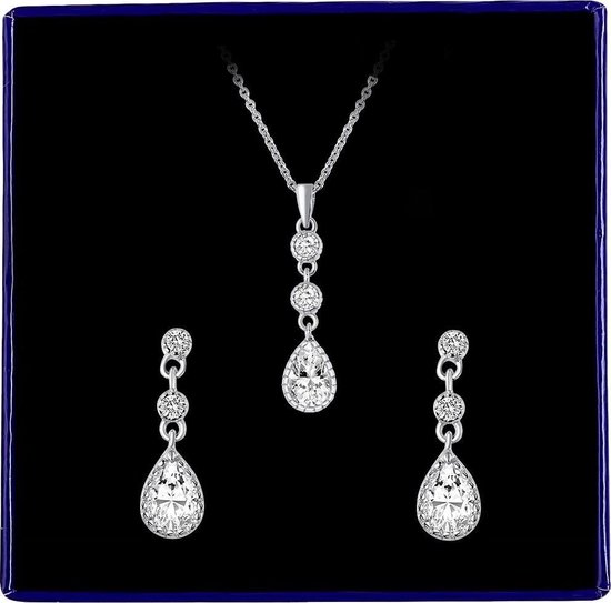 Zilveren set ketting&oorbellen druppel zirkonia