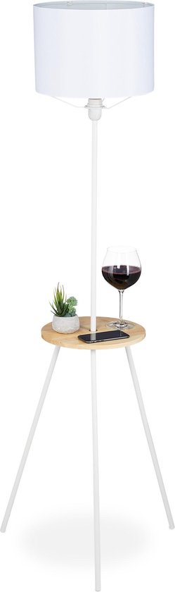Relaxdays vloerlamp met tafel - staande lamp - driepoot - stalamp - tripod  - wit-bruin | bol.com