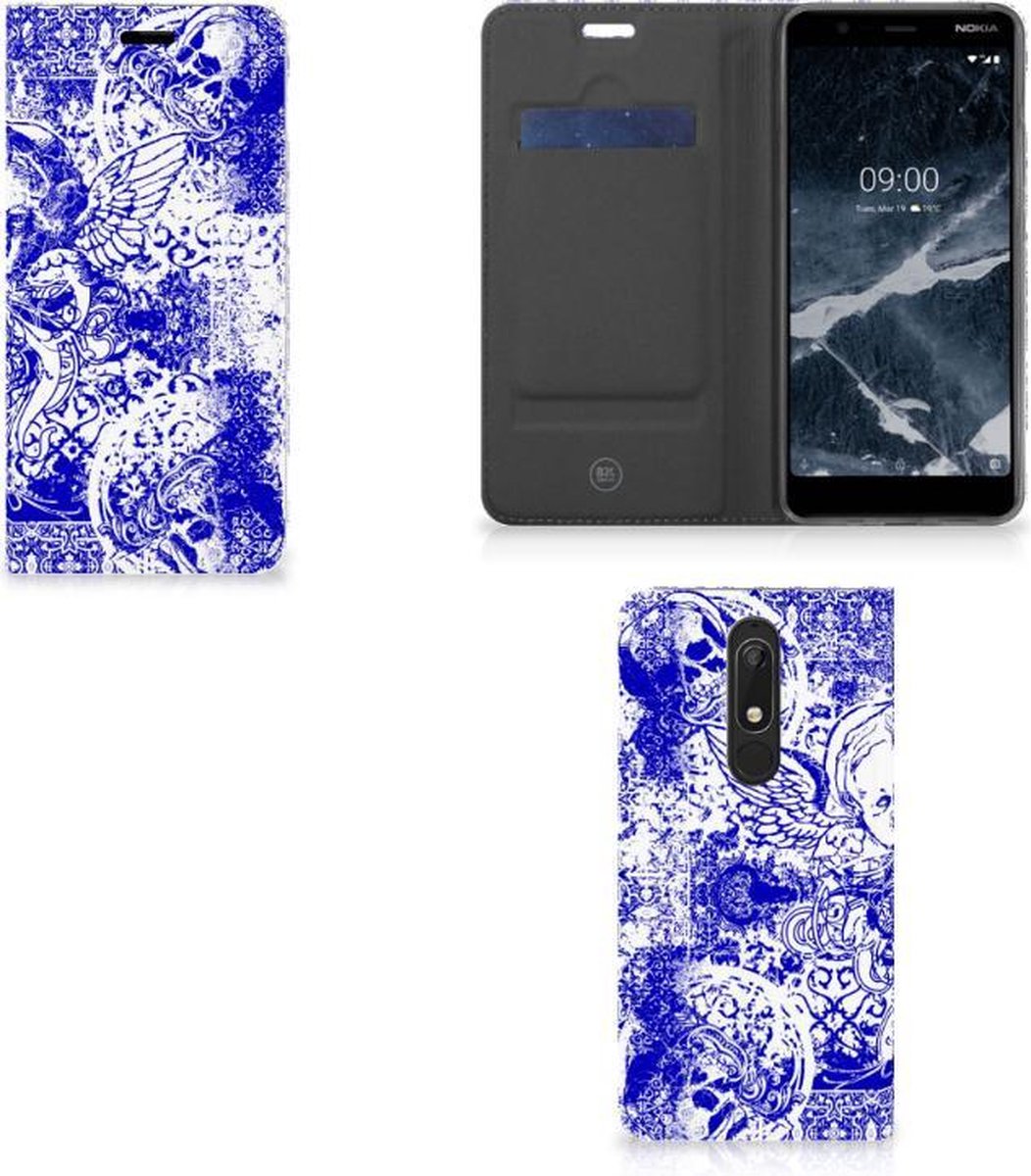 Mobiel BookCase Nokia 5.1 (2018) Angel Skull Blauw