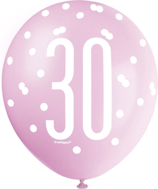 UNIQUE - 6 roze witte en paarse 30 jaar ballonnen - Decoratie > Ballonnen