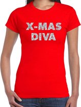 Foute Kerst t-shirt - x-mas diva - zilver / glitter - rood - dames - kerstkleding / kerst outfit M