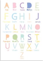 DesignClaud ABC Poster - Alfabet - Dieren namen - Pastel kleuren A2 + Fotolijst wit