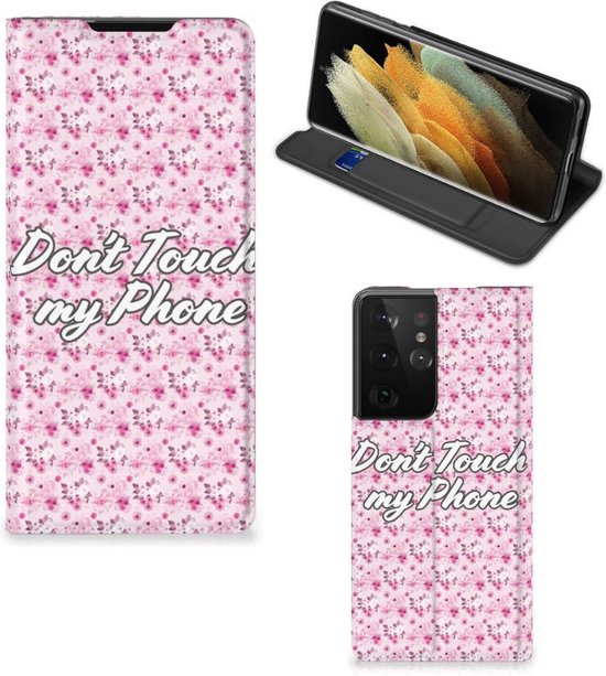 Coque Samsung Galaxy S21 Ultra Bookcase Fleurs Pink Ne touchez pas mon téléphone