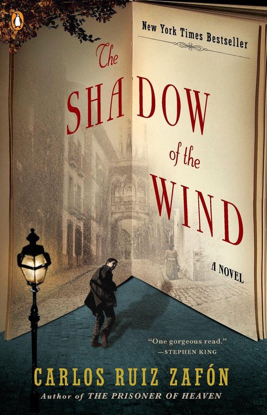 Boekomslag van 'The Shadow of the Wind' met een man die langs een lantaarnpaal loopt in een schaduwrijke straat.