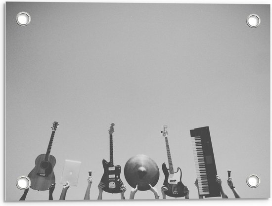 Tuinposter – Muziekinstrumenten (zwart/wit) - 40x30cm Foto op Tuinposter  (wanddecoratie voor buiten en binnen)