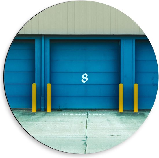 Dibond Wandcirkel - Garage Deuren Blauw met Cijfers - 50x50cm Foto op Aluminium Wandcirkel (met ophangsysteem)