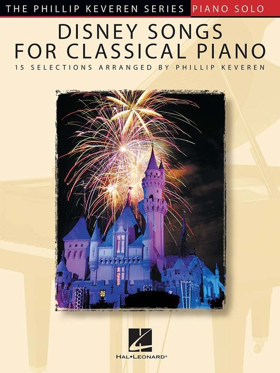 Partition : Disney Songs for Classical Piano, avec feux d'artifice au-dessus d'un château.