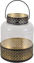 Lantaarn/windlicht zwart/goud Marokkaanse stijl 20 x 28 cm metaal en glas - Gebruik buiten/tuin/woonkamer - Thema Oosters/Arabisch