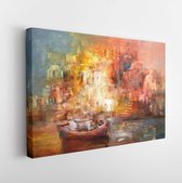 Onlinecanvas - Schilderij - Boats On The Island Harbor.handmade Oil Painting On Art Horizontal Horizontal - Multicolor - 75 X 115 Cm