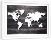 Foto in frame , Wereld op grijs hout , 120x80cm , grijs beige , wanddecoratie