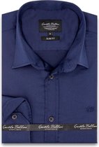 Heren Overhemd - Slim Fit - Luxury Plain Satijn - Navy - Maat M