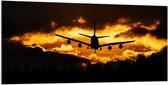 Dibond - Silhouet van Vliegtuig door de Zon - 200x100cm Foto op Aluminium (Met Ophangsysteem)