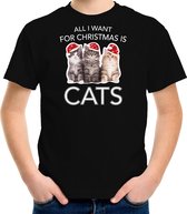 Kitten Kerstshirt / Kerst t-shirt All i want for Christmas is cats zwart voor kinderen - Kerstkleding / Christmas outfit S (110-116)