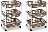 2x stuks opberg trolley/roltafel/organizer met 3 manden 40 x 30 x 61,5 cm wit/taupe - Etagewagentje/karretje met opbergkratten