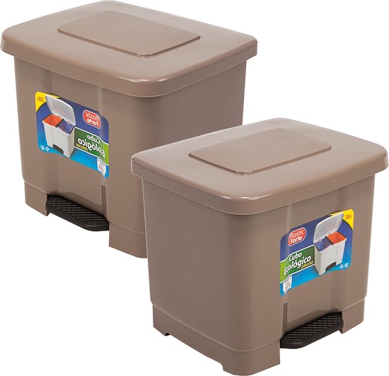 2x stuks dubbele afvalemmer/vuilnisemmer 35 liter met deksel en pedaal - Taupe- vuilnisbakken/prullenbakken - Kantoor/keuken