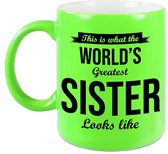 Worlds Greatest Sister cadeau koffiemok / theebeker neon groen 330 ml