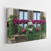 Onlinecanvas - Schilderij - Flowerpots And House Plants On The Balcony Art Horizontal Horizontal - Multicolor - 75 X 115 Cm