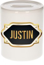 Justin naam cadeau spaarpot met gouden embleem - kado verjaardag/ vaderdag/ pensioen/ geslaagd/ bedankt