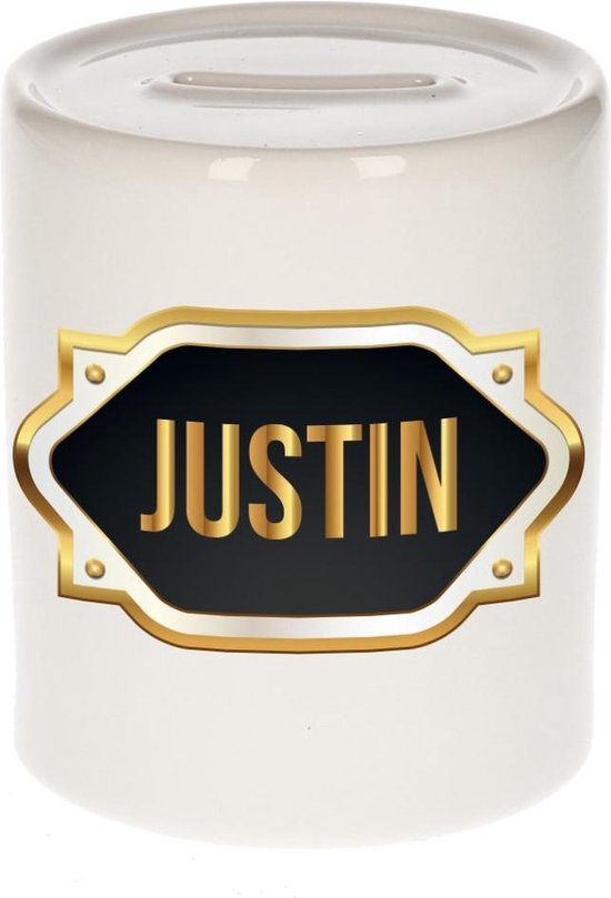 Justin naam cadeau spaarpot met gouden embleem kado verjaardag/ vaderdag/ pensioen/...
