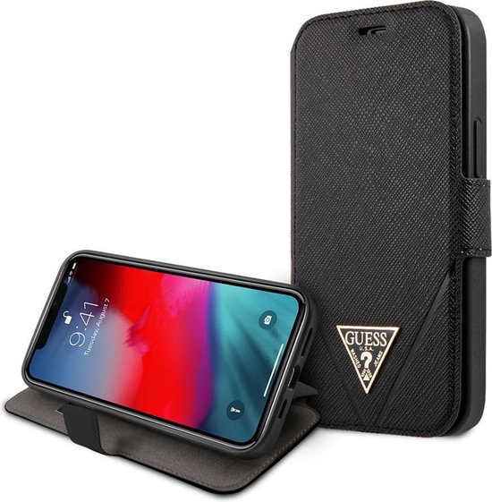 iPhone 12 Mini Bookcase hoesje - Guess - Effen Zwart - Kunstleer