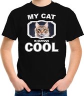 Bruine kat katten t-shirt my cat is serious cool zwart - kinderen - katten / poezen liefhebber cadeau shirt M (134-140)
