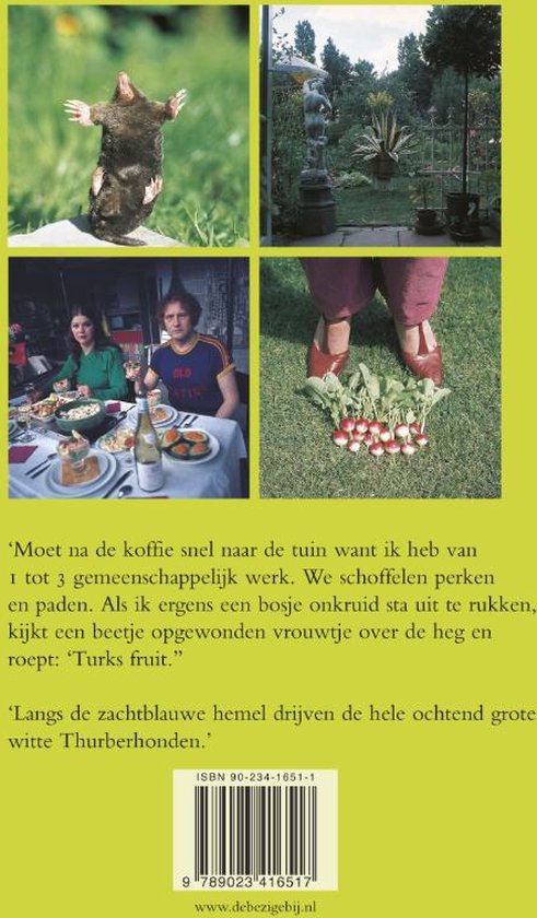 Achterkant boek 'Dagboek 1974'. Vier afbeeldingen: mol, tuinbeeld, etend gezelschap, radijsjes.