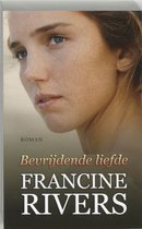Boek "Bevrijdende liefde" van Francine Rivers. Close-up van een vrouw met sproeten en blauwe ogen.