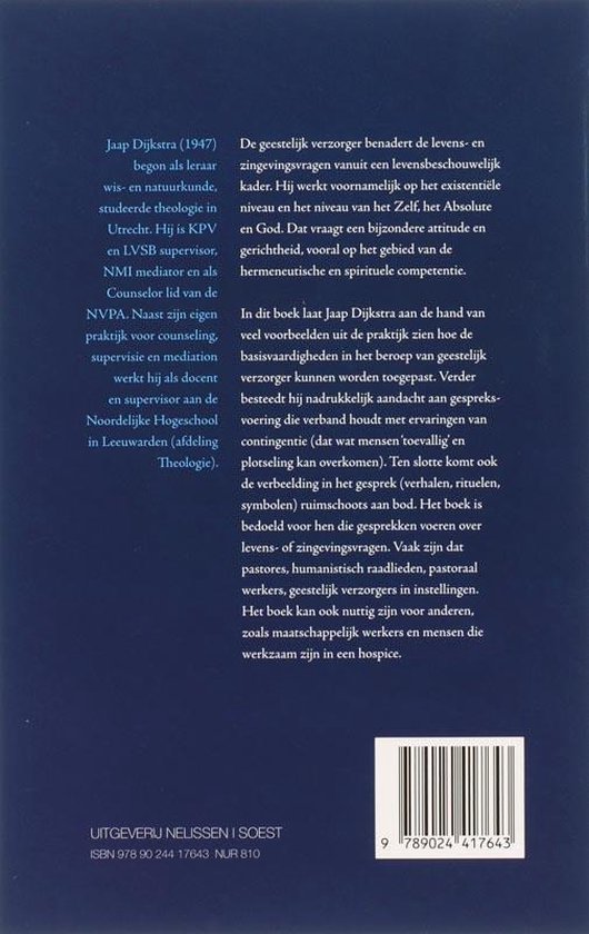 Achterkant van het boek 'Gespreksvoering bij geestelijke verzorging' met tekst en ISBN.