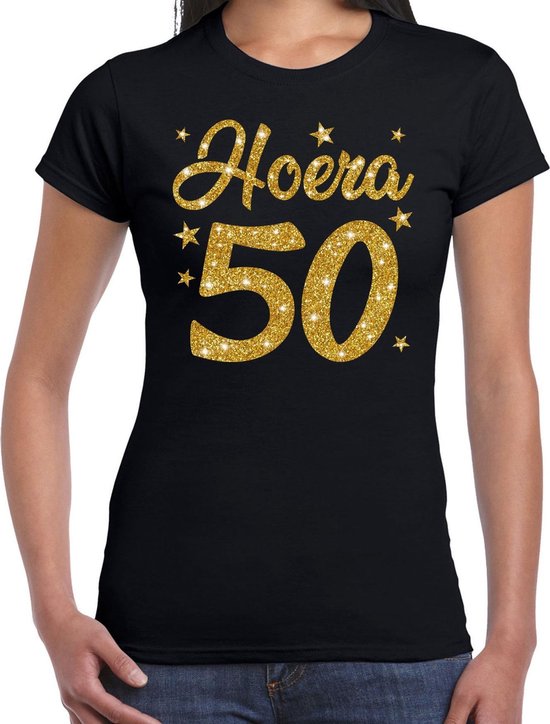 Foto: Hoera 50 jaar verjaardag cadeau t shirt goud glitter op zwart dames sarah cadeau shirt xl