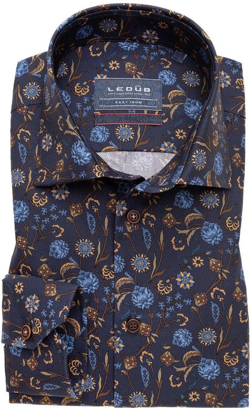 Ledub Modern Fit overhemd - donkerblauw met bruin dessin - Strijkvriendelijk - Boordmaat: 38