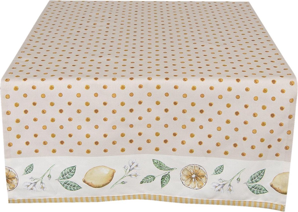 Clayre & Eef Tafelloper 50x140 cm Beige Geel Katoen Rechthoek Citroen Tafelkleed