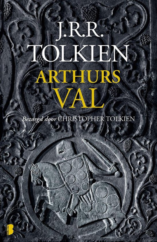 Boekcover van 'Arthurs Val' met bewerkt reliëf en een ridder te paard.