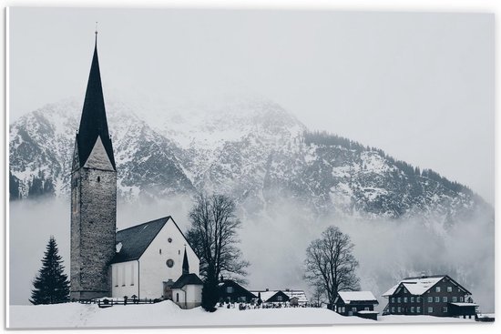 Forex - Kerkje met Sneeuw  - 60x40cm Foto op Forex
