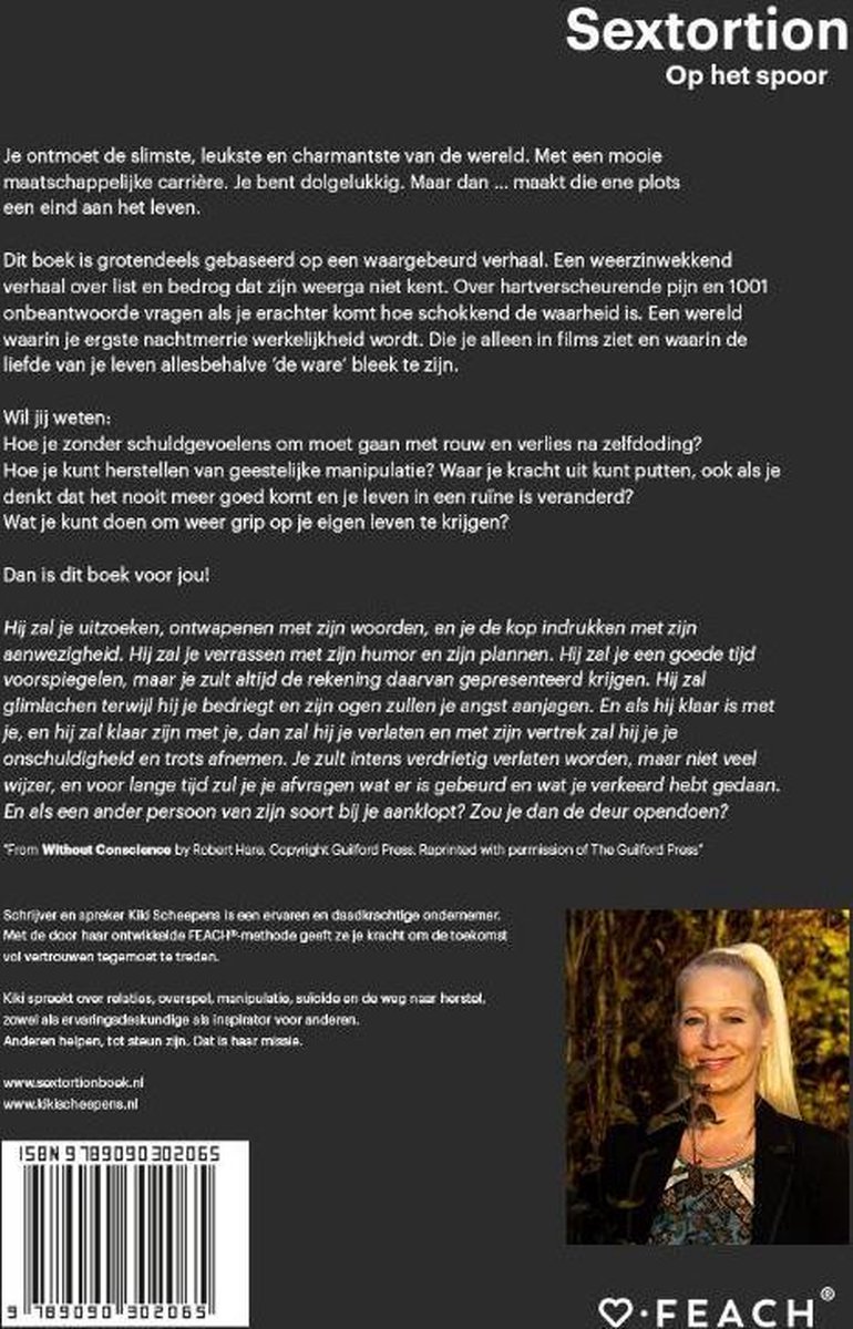 Boekcover met de titel "Sextortion". Een vrouw met blonde krullen kijkt naar de camera, met op de achtergrond een boek met de titel "Sextortion".