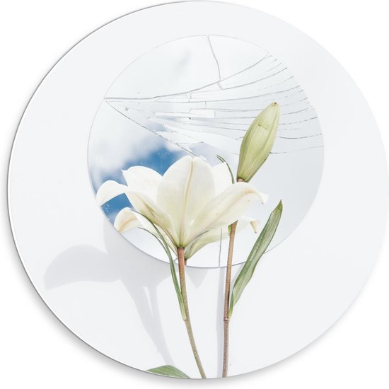 Forex Wandcirkel - Witte Bloem voor Gebroken Spiegel  - 30x30cm Foto op Wandcirkel (met ophangsysteem)