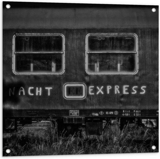 Tuinposter – ''Nacht Express'' Treinwagon (zwart/wit) - 80x80cm Foto op Tuinposter  (wanddecoratie voor buiten en binnen)