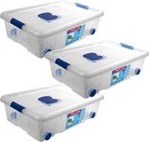 3x Opbergboxen/opbergdozen met deksel en wieltjes 31 liter kunststof transparant/blauw - 61 x 44 x 18 cm - Opbergbakken