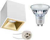 Opbouwspot Set - Pragmi Cliron Pro - GU10 Fitting - Opbouw Vierkant - Mat Wit/Goud - Verdiept - 90mm - Philips - MASTER 927 36D VLE - 4.9W - Warm Wit 2200K-2700K - DimTone Dimbaar